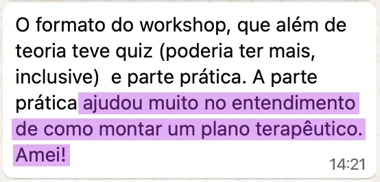 Depoimento de aluna de edição anterior do workshop